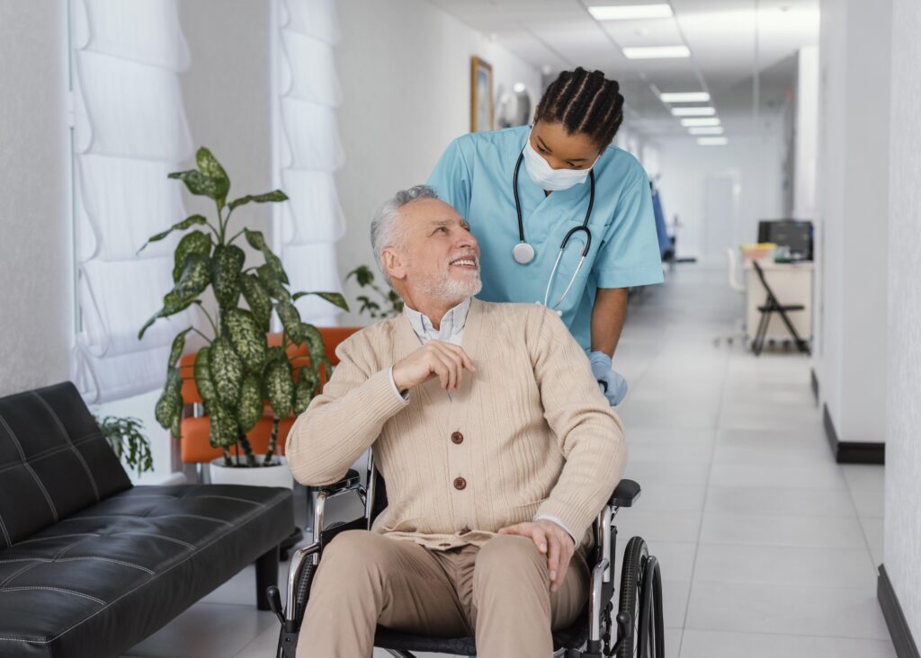 medium shot health worker helping patient